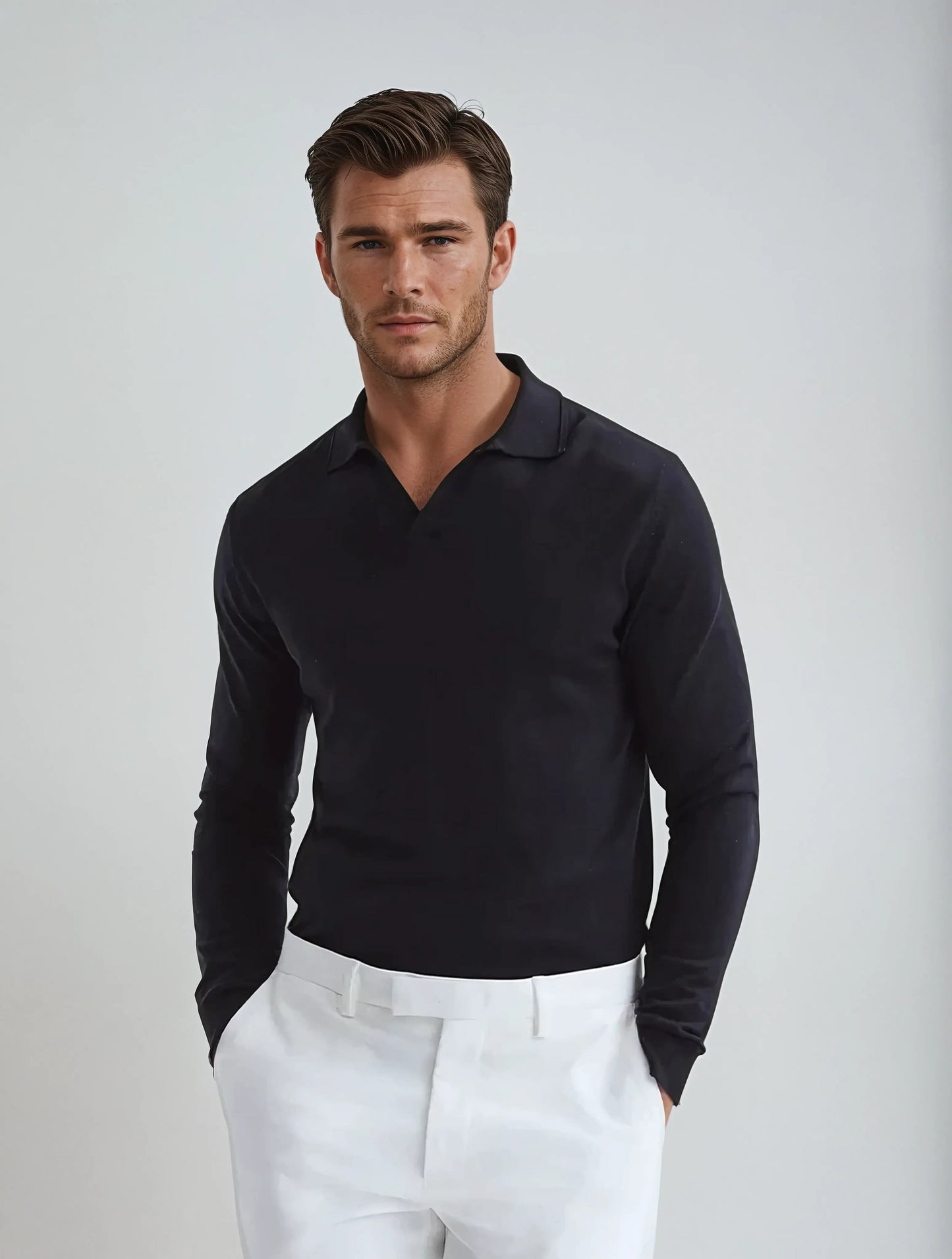Men’s Long Sleeve Polo Shirt | Men | Smart Casual Collared Top | Soft Tailored Fit | Steven & Levon