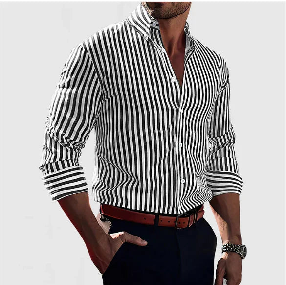 Men's Striped Overshirt | Casual Shirt | Cotton Blend | Button-Up Lightweight Layer | Steven & Levon