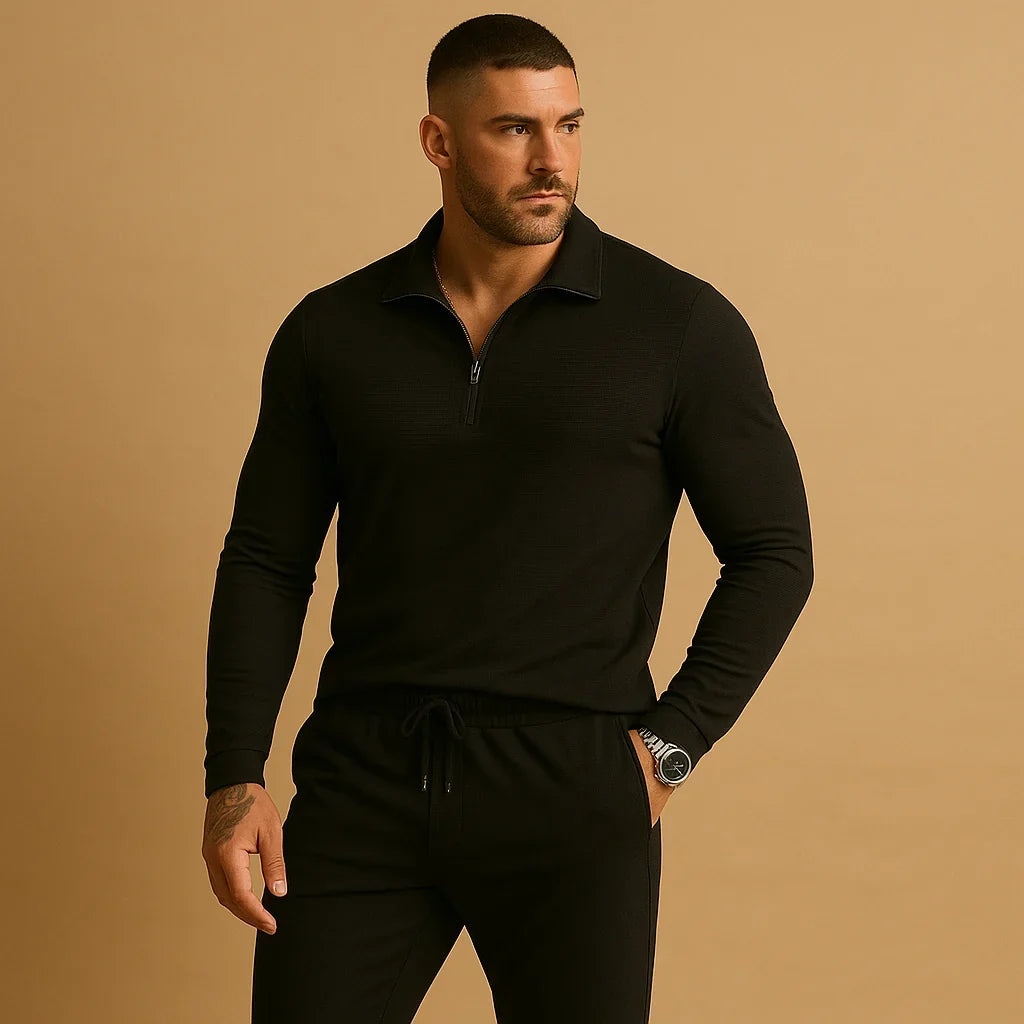 Men's Slim Fit Tracksuit | Zip Front Polo Top | Tapered Joggers Adjustable Waistband | Steven & Levon