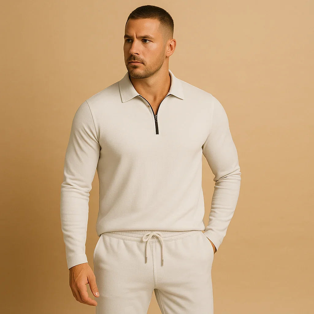 Men's Slim Fit Tracksuit | Zip Front Polo Top | Tapered Joggers Adjustable Waistband | Steven & Levon