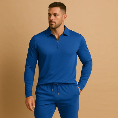 Men's Slim Fit Tracksuit | Zip Front Polo Top | Tapered Joggers Adjustable Waistband | Steven & Levon