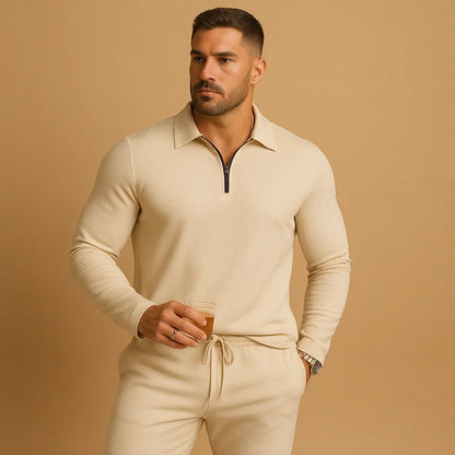 Men's Slim Fit Tracksuit | Zip Front Polo Top | Tapered Joggers Adjustable Waistband | Steven & Levon