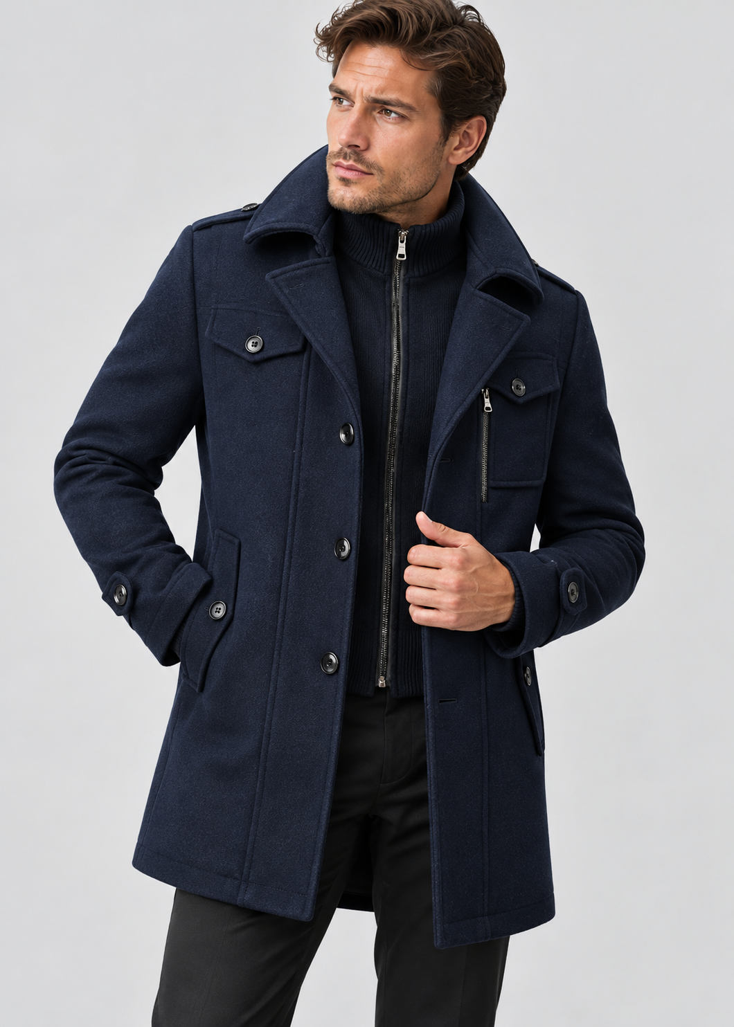 Wool Trench Coat | Men Peacoat | Double Collar Zipper Windproof Winter Outerwear | Steven & Levon