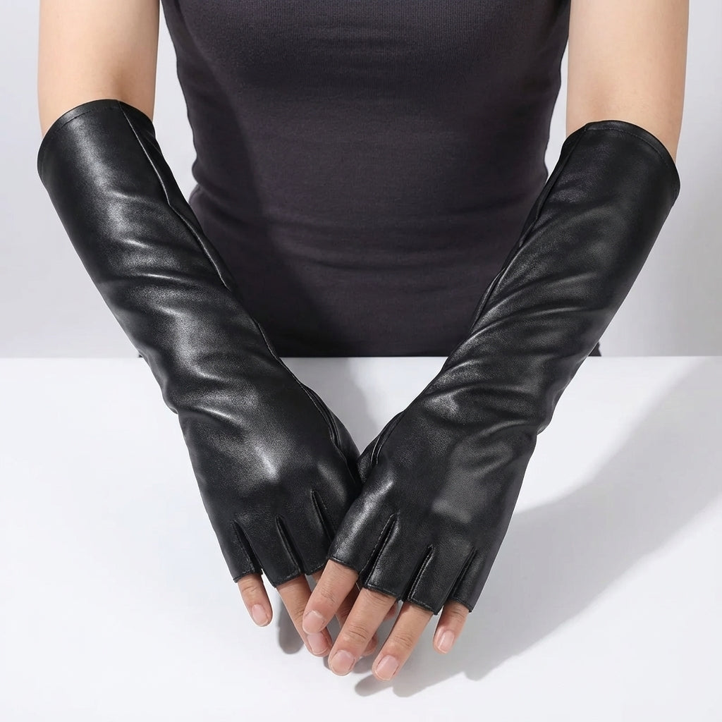 Black Leather Gloves | Women | Vegan Leather | Long Fingerless Gloves | Warm Winter | Steven & Levon