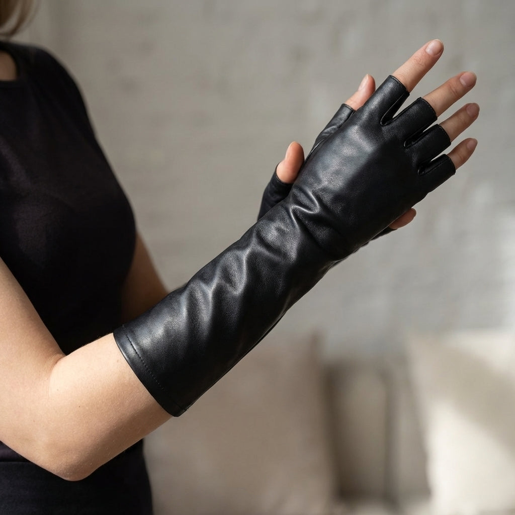 Black Leather Gloves | Women | Vegan Leather | Long Fingerless Gloves | Warm Winter | Steven & Levon