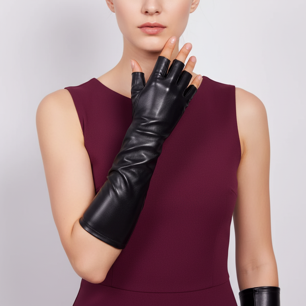 Black Leather Gloves | Women | Vegan Leather | Long Fingerless Gloves | Warm Winter | Steven & Levon