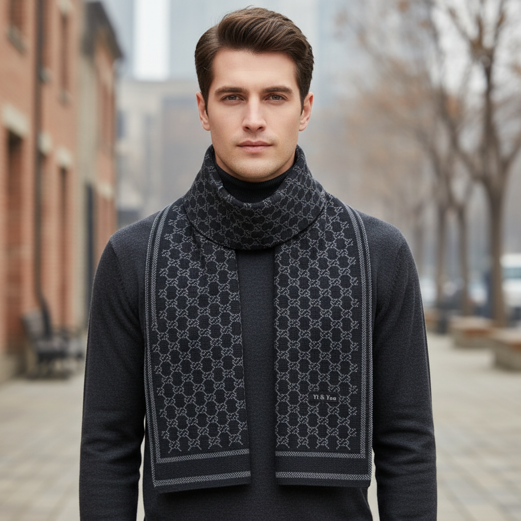 Jacquard Winter Scarf | Men | Soft Warm Fabric | Woven Pattern Long Wrap | Cold Weather Accessory | Steven & Levon