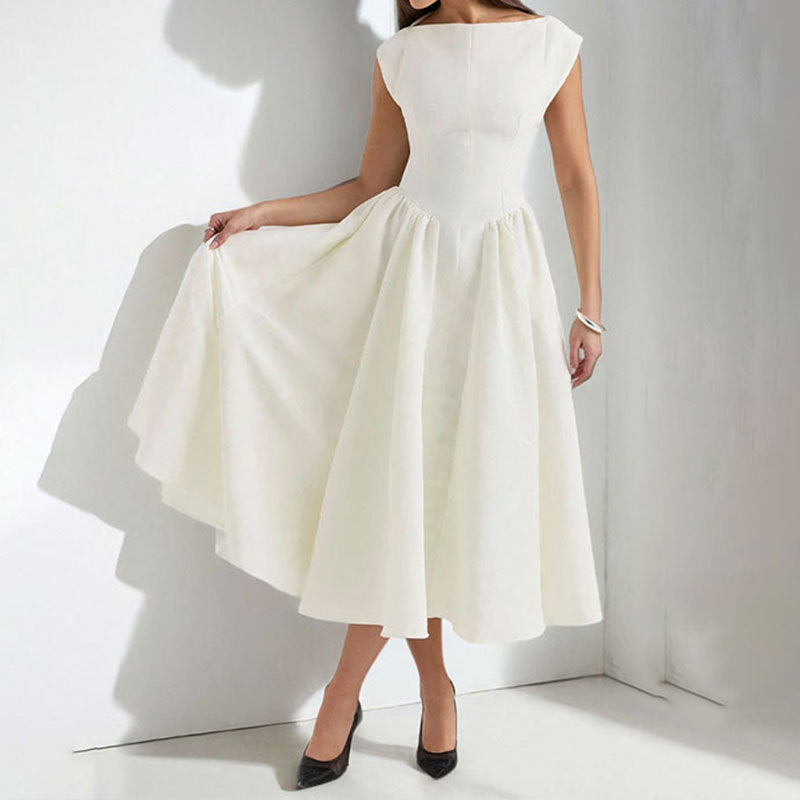 Cap Sleeve Fit and Flare Midi Dress | Women | Elegant Round Neck | Flared Skirt Occasion Dress | Steven & Levon