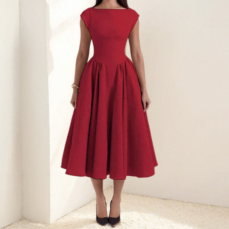 Cap Sleeve Fit and Flare Midi Dress | Women | Elegant Round Neck | Flared Skirt Occasion Dress | Steven & Levon