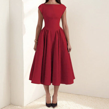 Cap Sleeve Fit and Flare Midi Dress | Women | Elegant Round Neck | Flared Skirt Occasion Dress | Steven & Levon