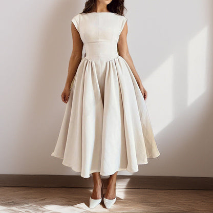 Cap Sleeve Fit and Flare Midi Dress | Women | Elegant Round Neck | Flared Skirt Occasion Dress | Steven & Levon