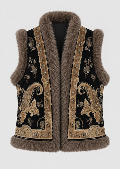 Women's Embroidered Waistcoat | Faux Fur Trim | Vintage Style | Steven & Levon