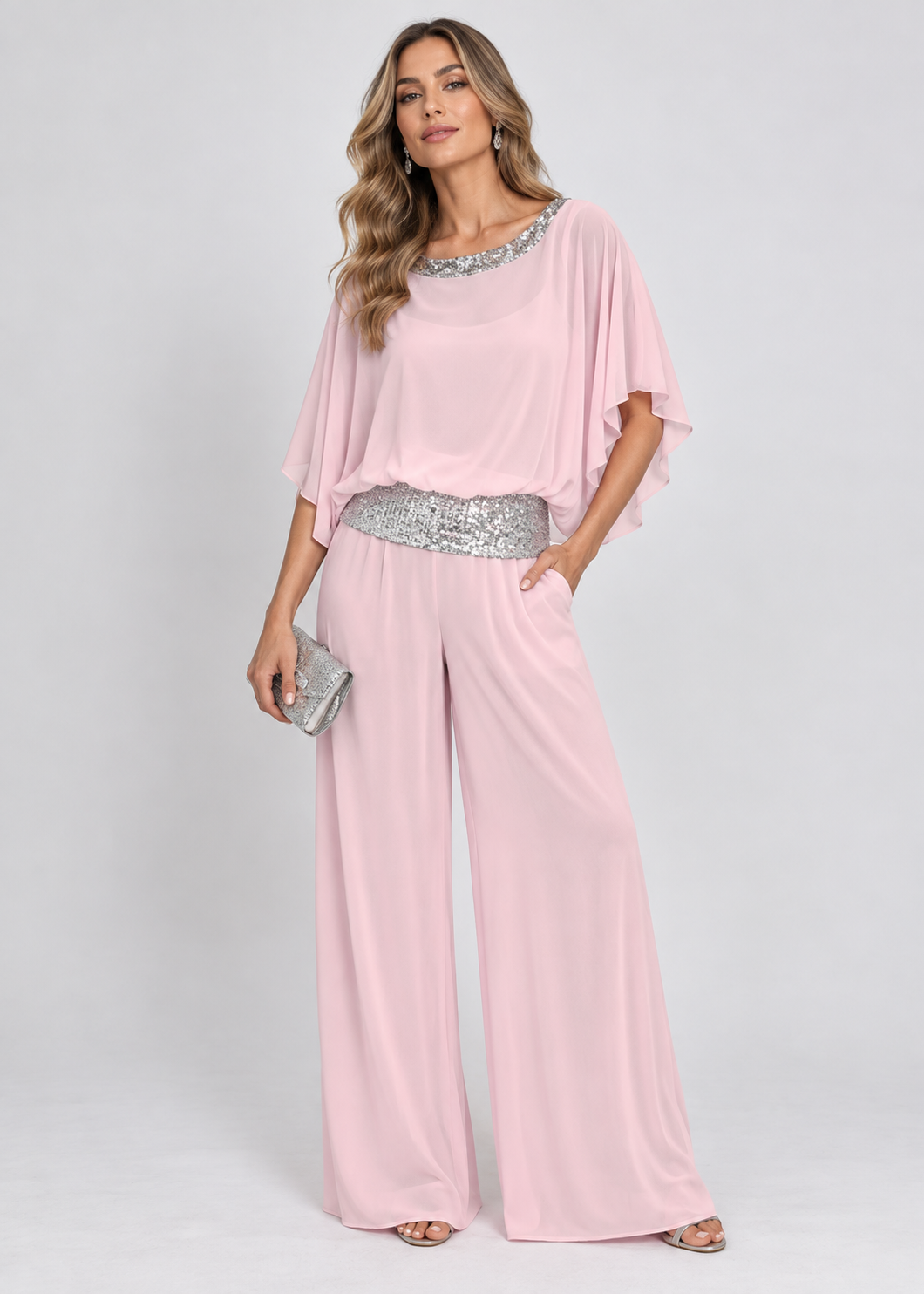 Women's Sequin Batwing Blouse | Co Ord Set | High Waisted Trousers | Steven & Levon