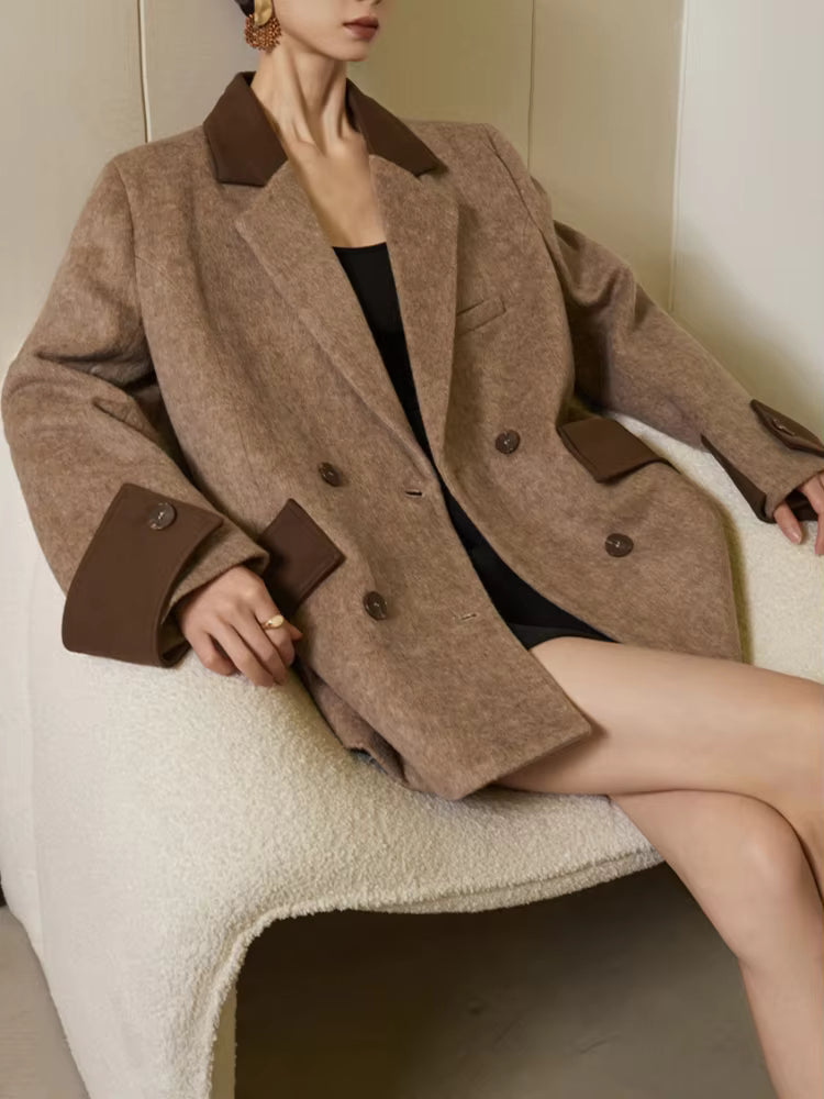 Women's Wool Overcoat | Patchwork Pockets | Turn-Down Collar | Double Breasted | Steven & Levon