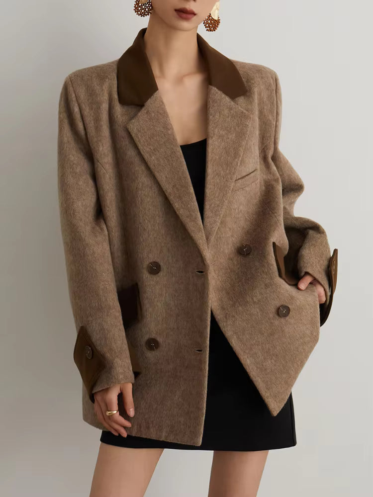Women's Wool Overcoat | Patchwork Pockets | Turn-Down Collar | Double Breasted | Steven & Levon