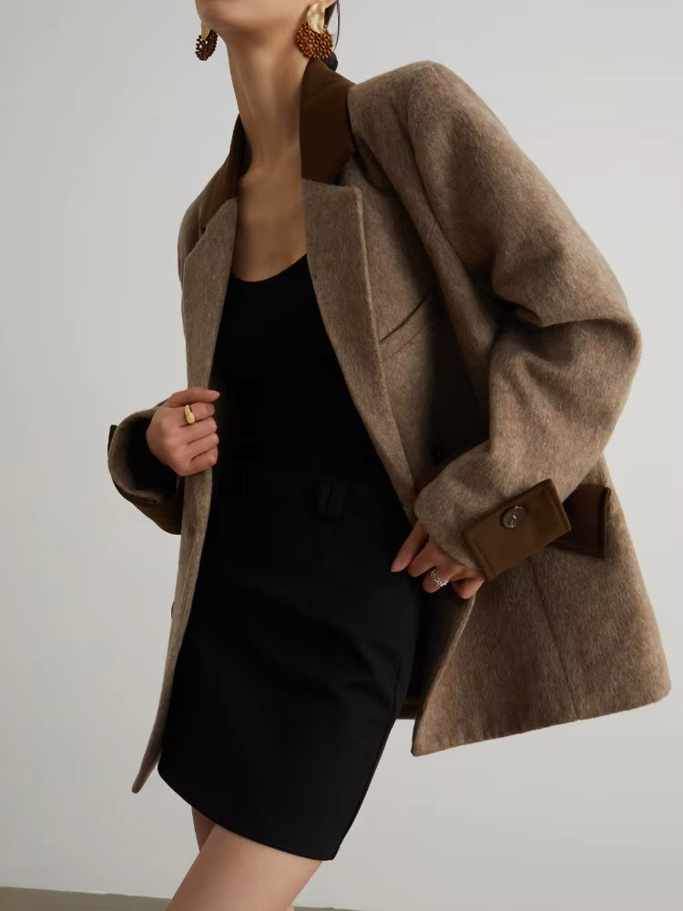 Women's Wool Overcoat | Patchwork Pockets | Turn-Down Collar | Double Breasted | Steven & Levon