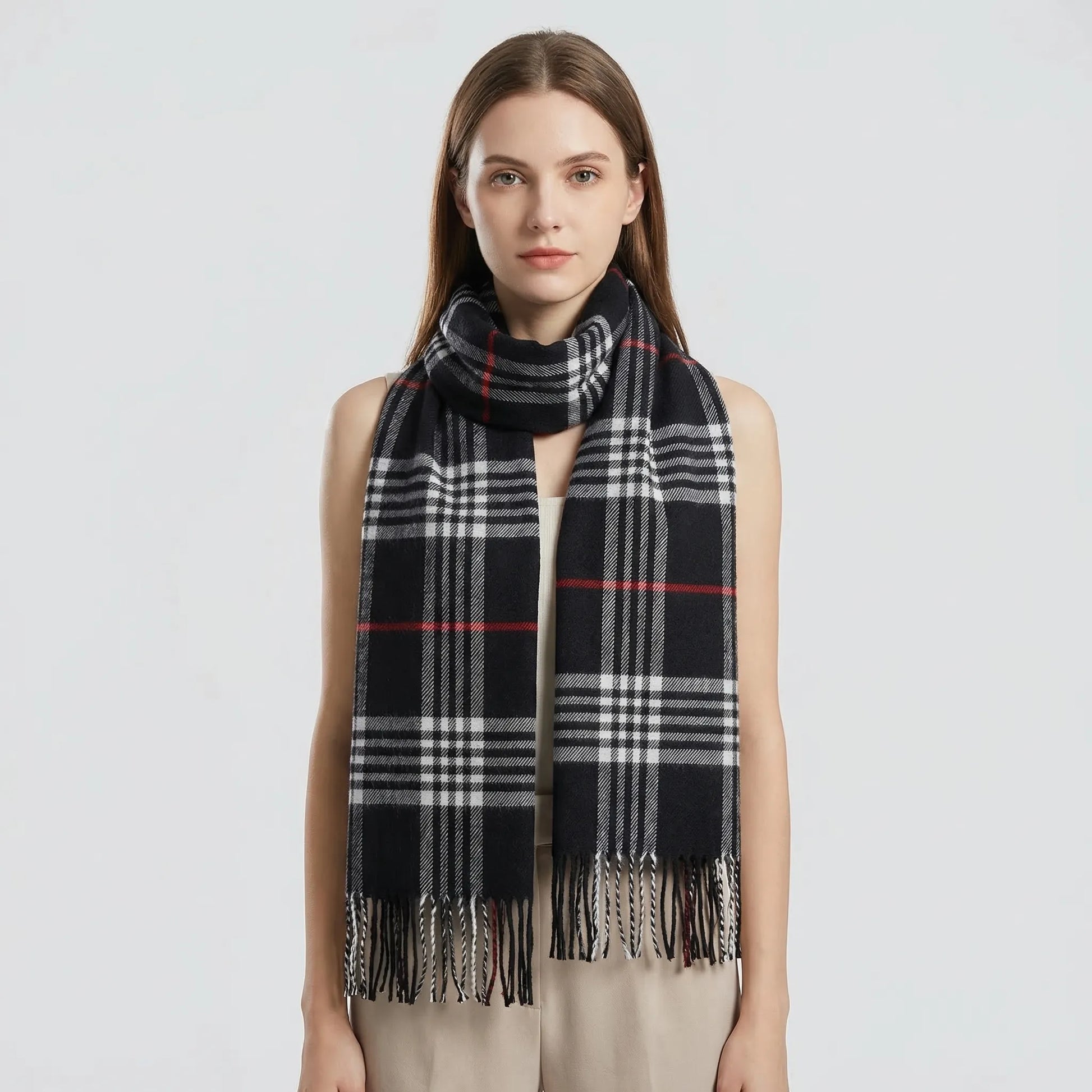 Plaidora - Classic Plaid Fringe Winter Scarf  Winter Neck Warmth