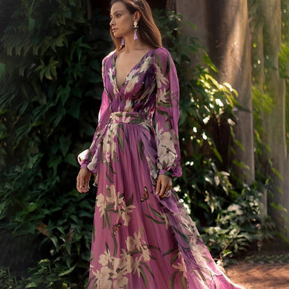 Floral Maxi Dress | Long Sleeve V-Neck | Flowy Wedding Guest Dress | Steven & Levon