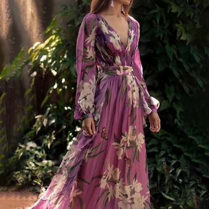 Floral Maxi Dress | Long Sleeve V-Neck | Flowy Wedding Guest Dress | Steven & Levon