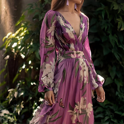 Floral Maxi Dress | Long Sleeve V-Neck | Flowy Wedding Guest Dress | Steven & Levon