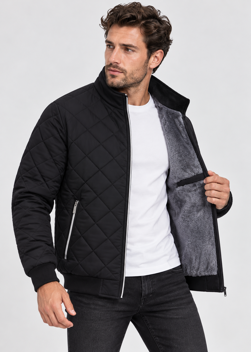 Men's Fleece Bomber Jacket | Slim Fit | Diamond Pattern | Zip Front | Winter Wear | Steven & Levon
