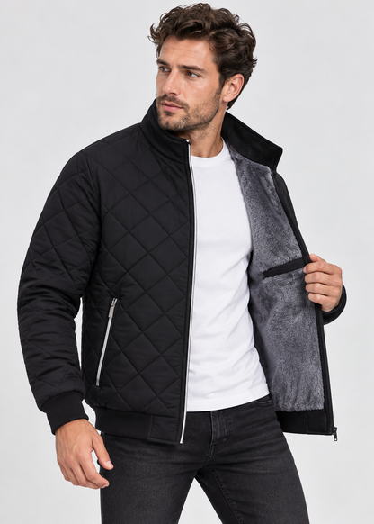 Men's Fleece Bomber Jacket | Slim Fit | Diamond Pattern | Zip Front | Winter Wear | Steven & Levon