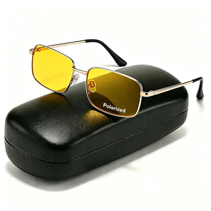 Rectangular Polarized Sunglasses | Unisex | UV400 Night Driving Eyewear | Metal Frame Yellow Lens Shades | Steven & Levon