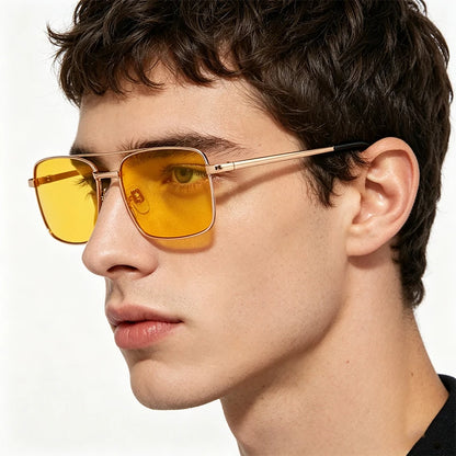 Rectangular Polarized Sunglasses | Unisex | UV400 Night Driving Eyewear | Metal Frame Yellow Lens Shades | Steven & Levon