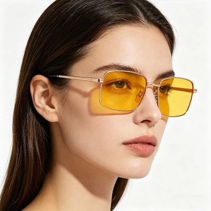Rectangular Polarized Sunglasses | Unisex | UV400 Night Driving Eyewear | Metal Frame Yellow Lens Shades | Steven & Levon