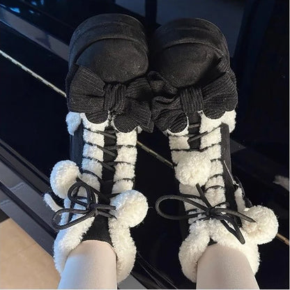 Women's Flannel Snow Boots | Lace Up Mid Calf Boots | Bow Detail Wedge Winter Shoes | Steven & Levon