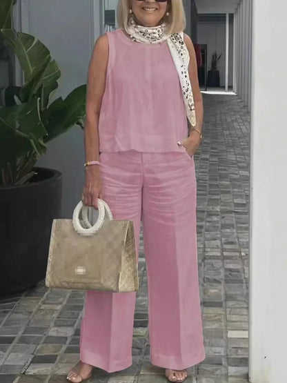 Maelis Women's Linen Summer Set | Sleeveless Blouse & Trousers | Two Piece | Steven & Levon