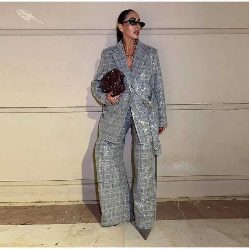 Women's Sequin Stripe Blazer | Co Ord Set | Wide Leg Trousers | Steven & Levon