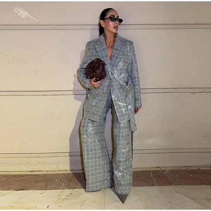 Women's Sequin Stripe Blazer | Co Ord Set | Wide Leg Trousers | Steven & Levon