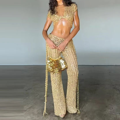 Women's Sequin V Neck Crop Top | Co Ord Set | Tassel Mini Skirt | Short Sleeves | Steven & Levon