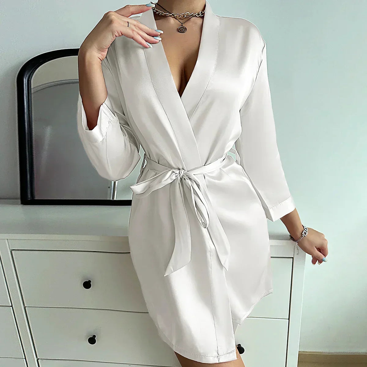 Noémie | Women's Glacé Silk Lace-Up Dressing Bathrobe | Steven & Levon