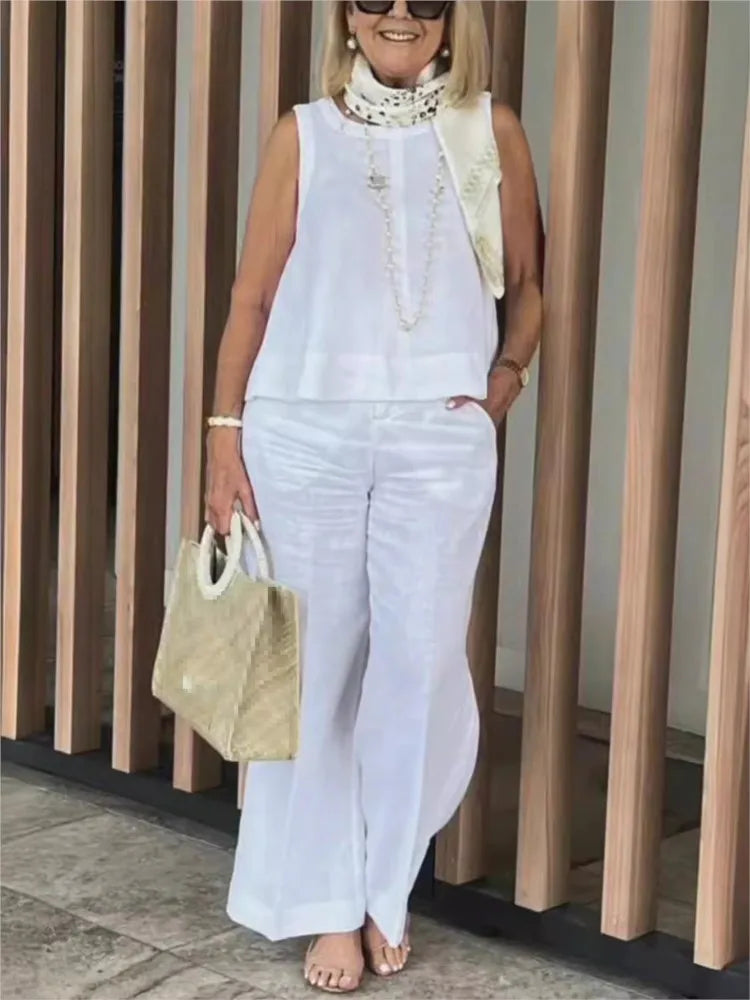 Maelis Women's Linen Summer Set | Sleeveless Blouse & Trousers | Two Piece | Steven & Levon