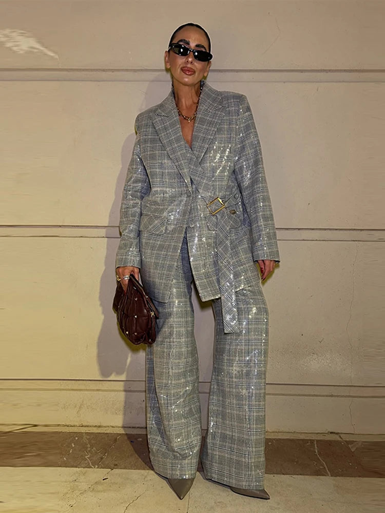 Women's Sequin Stripe Blazer | Co Ord Set | Wide Leg Trousers | Steven & Levon