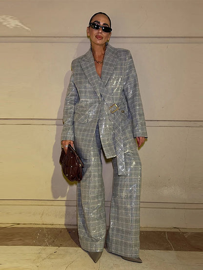 Women's Sequin Stripe Blazer | Co Ord Set | Wide Leg Trousers | Steven & Levon