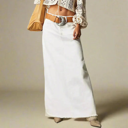 Women's High Waist Denim Maxi Skirt | Women | Straight Fit | Raw Hem | 5-Pocket Long Skirt | Steven & Levon
