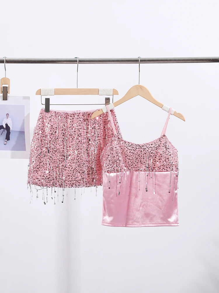 Women's Sequin Co Ord Set | Tassel Detail | Square Neck Top | Mini Skirt | Steven & Levon