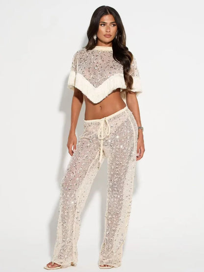 Women's Sequin Mesh Crop Top | Co Ord Set | Tassel Fringe Flared Trousers | Steven & Levon
