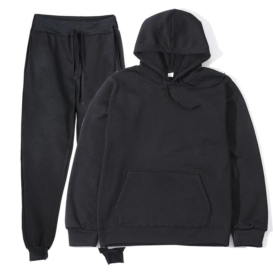 Men's Tracksuit | Solid Hoodie and Trousers | Drawstring Waist Two Piece Casual Set | Steven & Levon