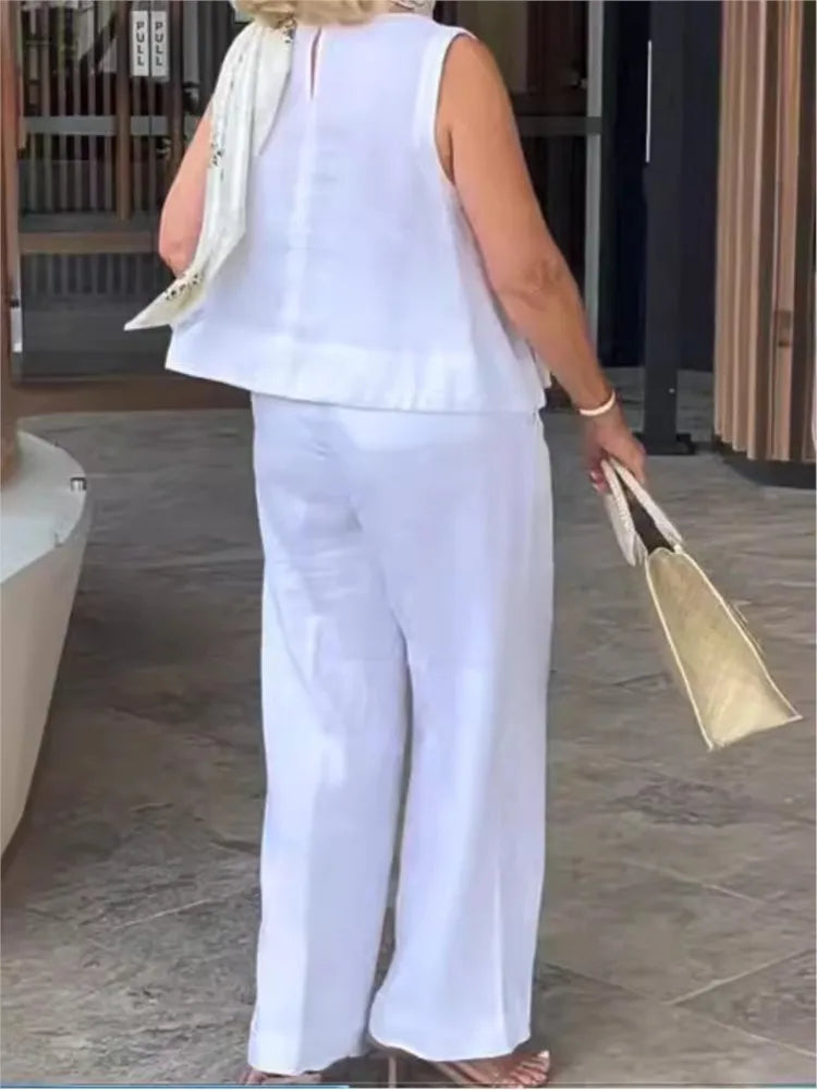 Maelis Women's Linen Summer Set | Sleeveless Blouse & Trousers | Two Piece | Steven & Levon