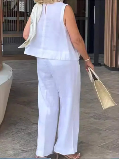 Maelis Women's Linen Summer Set | Sleeveless Blouse & Trousers | Two Piece | Steven & Levon
