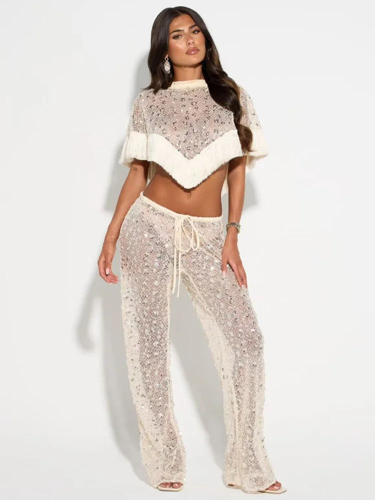 Women's Sequin Mesh Crop Top | Co Ord Set | Tassel Fringe Flared Trousers | Steven & Levon