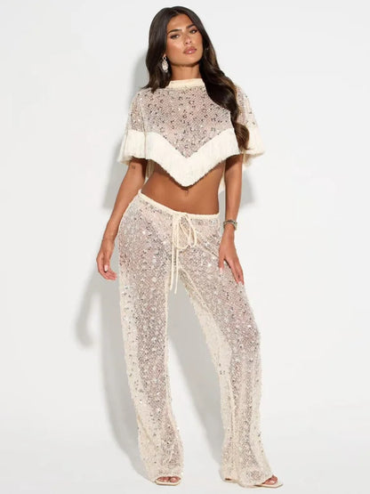 Women's Sequin Mesh Crop Top | Co Ord Set | Tassel Fringe Flared Trousers | Steven & Levon