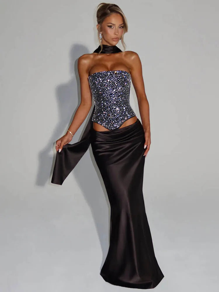 Women's Backless Crop Top | Sequin Co Ord Set | High Waisted Maxi Skirt | V Neck | Steven & Levon