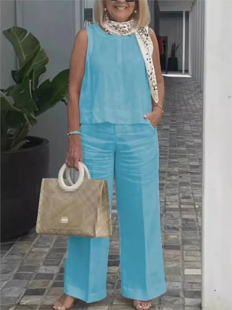 Maelis Women's Linen Summer Set | Sleeveless Blouse & Trousers | Two Piece | Steven & Levon