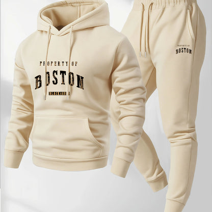 Boston Print Hoodie | Sweatpants Casual Two Piece Set | Men's Tracksuit | Steven & Levon