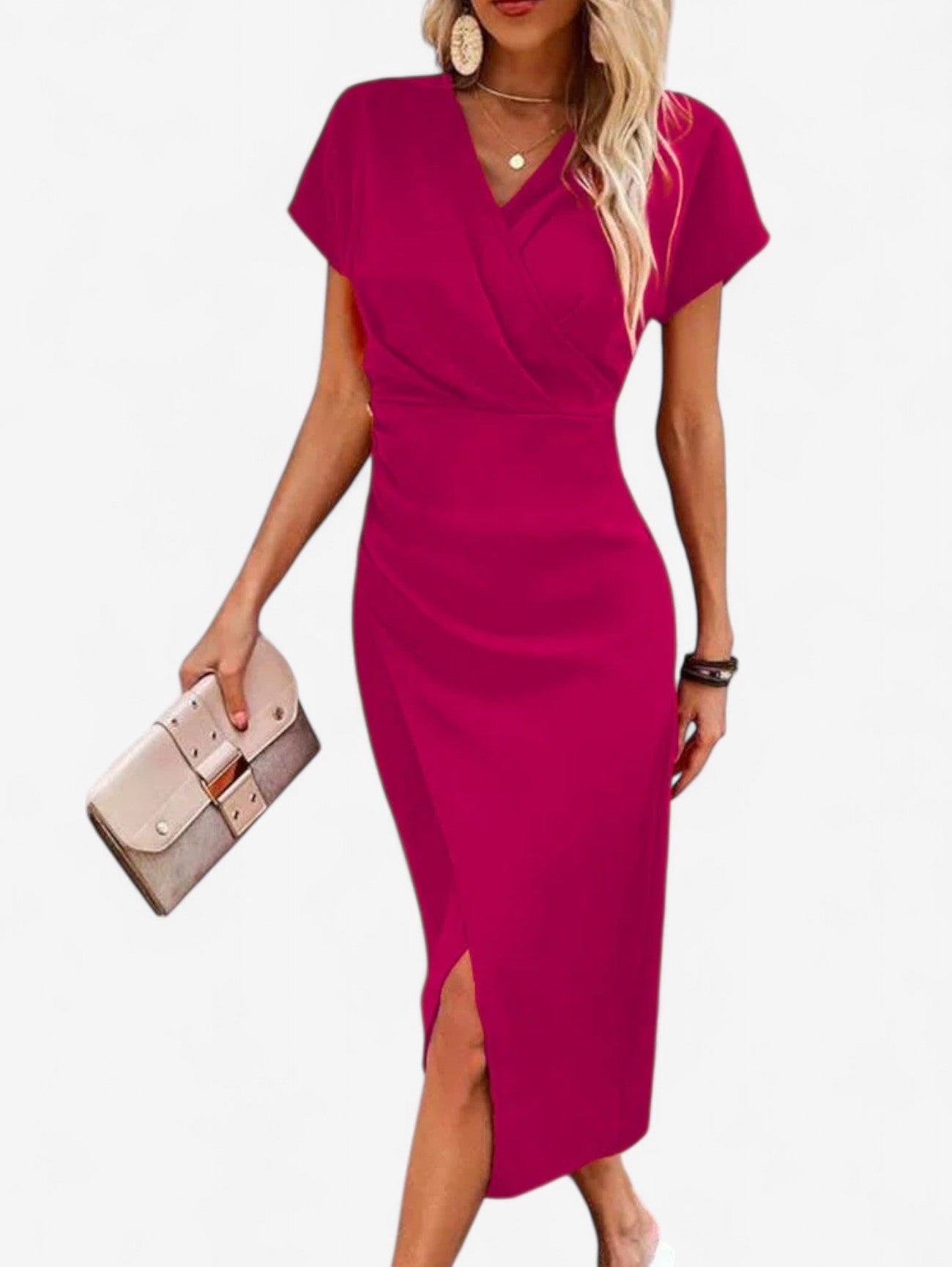 Formal Summer Maxi Dress | Women | Wrap V-Neck Side Slit Short Sleeve | Steven & Levon